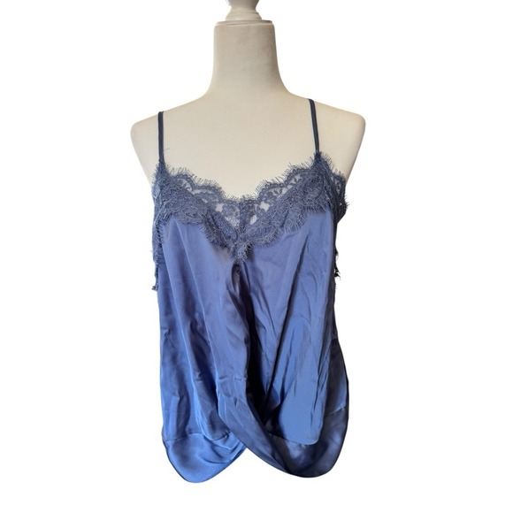 Ro & De Blue Satin Lace Cami Top Size M Adjustable Straps Draped Front Blouse - Picture 1 of 5